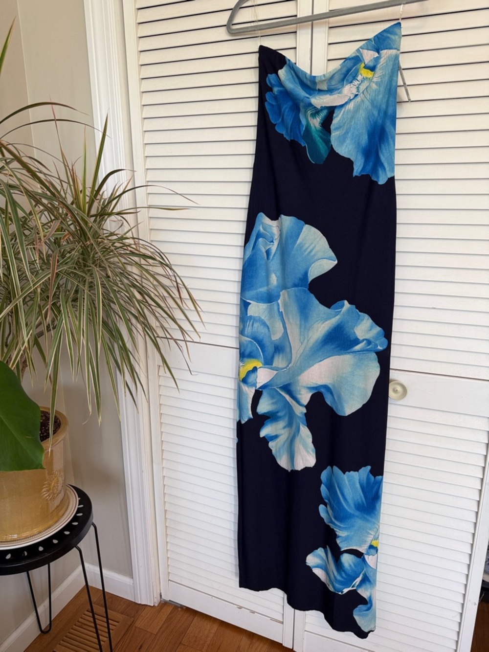 Strapless Large Blue Floral Print slit maxi dress